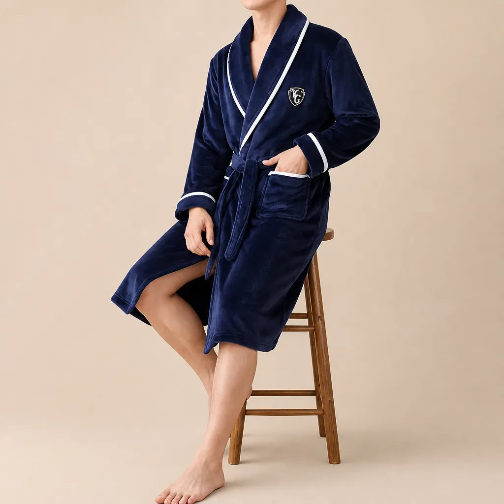 La boutique du peignoir Peignoir Homme Polaire - Mi-Long, Bleu Marine Liseré Blanc