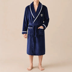 La boutique du peignoir Peignoir Homme Polaire - Mi-Long, Bleu Marine Liseré Blanc