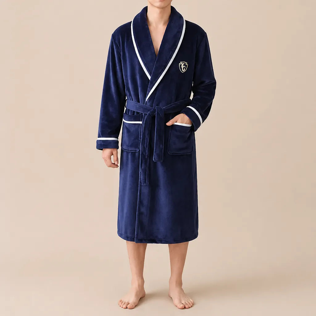 La boutique du peignoir Peignoir Homme Polaire - Mi-Long, Bleu Marine Liseré Blanc