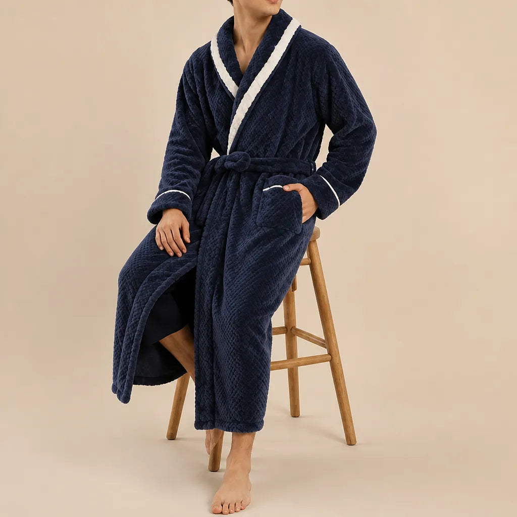 La boutique du peignoir Peignoir Homme Polaire - Velours Col Bicolore, Bleu Marine