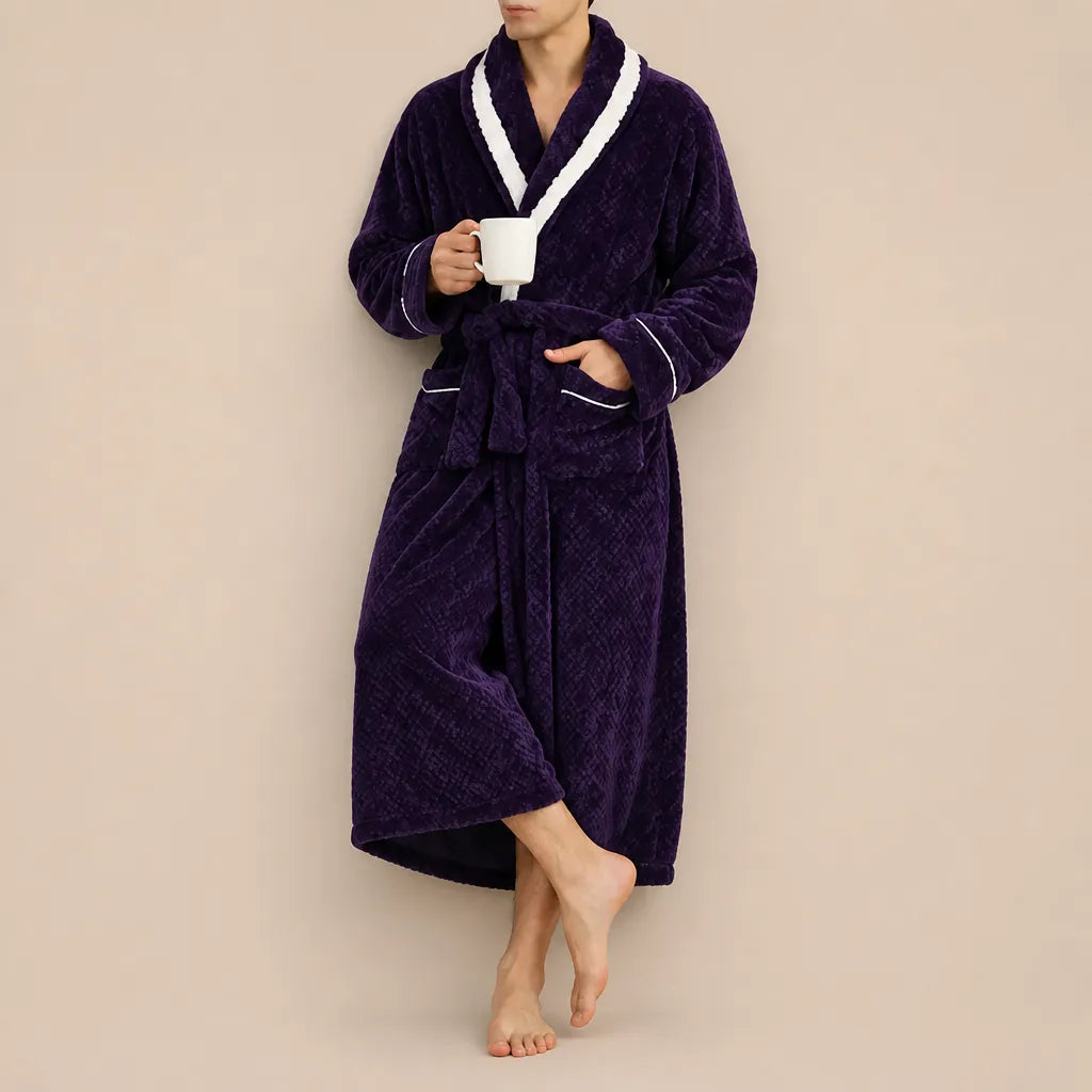 La boutique du peignoir Peignoir Homme Polaire - Velours Col Bicolore, Violet Prune