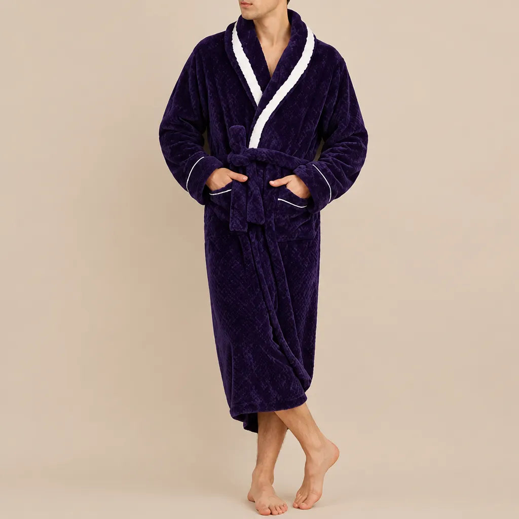 La boutique du peignoir Peignoir Homme Polaire - Velours Col Bicolore, Violet Prune