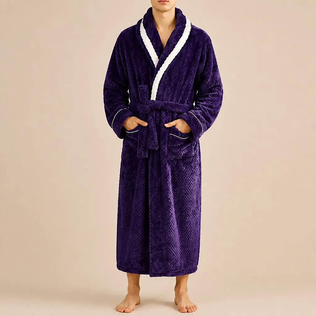 La boutique du peignoir Peignoir Homme Polaire - Velours Col Bicolore, Violet Prune