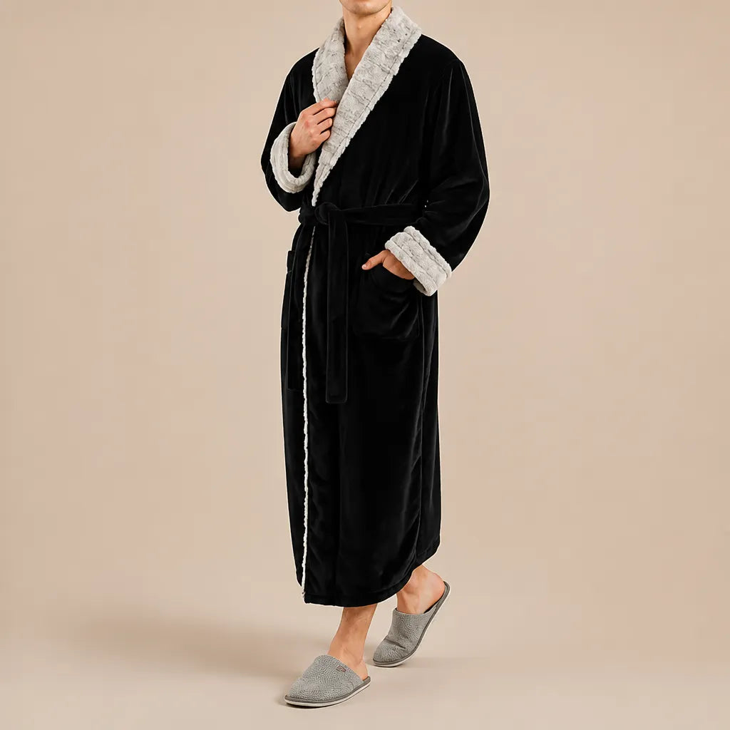 La boutique du peignoir Peignoir Homme Polaire - Velours Col Fausse Fourrure, Noir