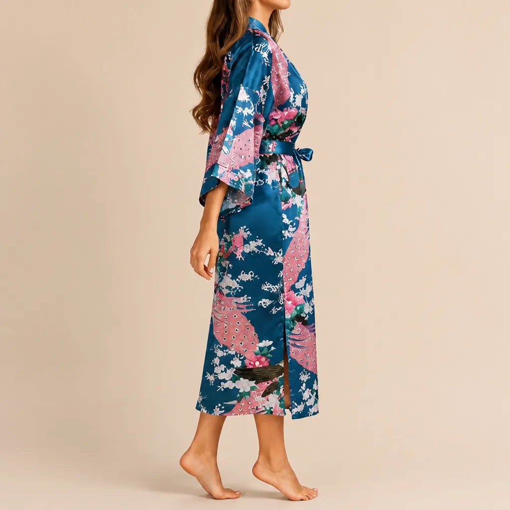 La boutique du peignoir Peignoir Kimono Femme - Court en Satin à Paons, Bleu Canard