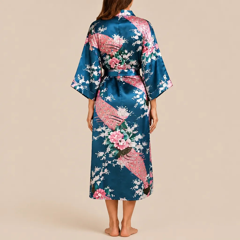 La boutique du peignoir Peignoir Kimono Femme - Court en Satin à Paons, Bleu Canard