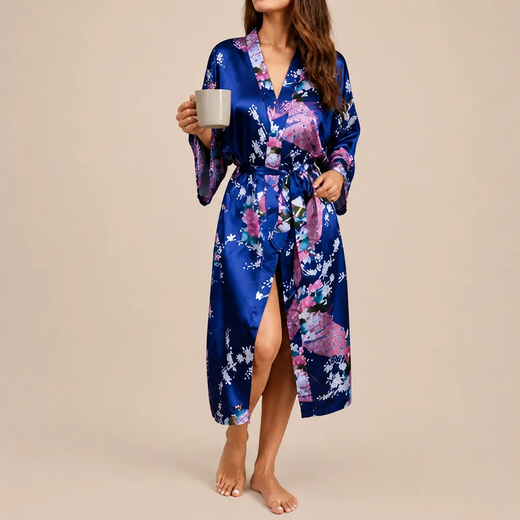 La boutique du peignoir Peignoir Kimono Femme - Court en Satin à Paons, Bleu Marine