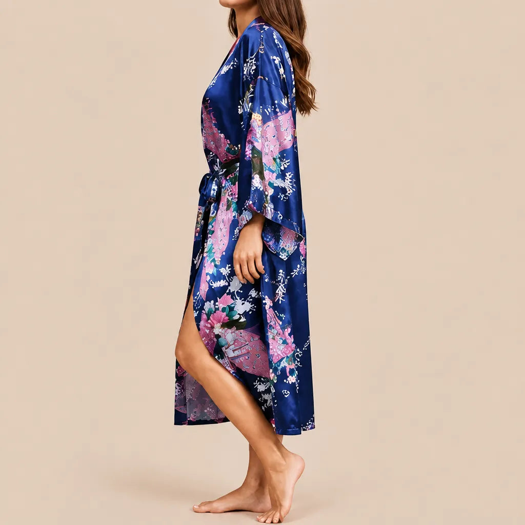 La boutique du peignoir Peignoir Kimono Femme - Court en Satin à Paons, Bleu Marine