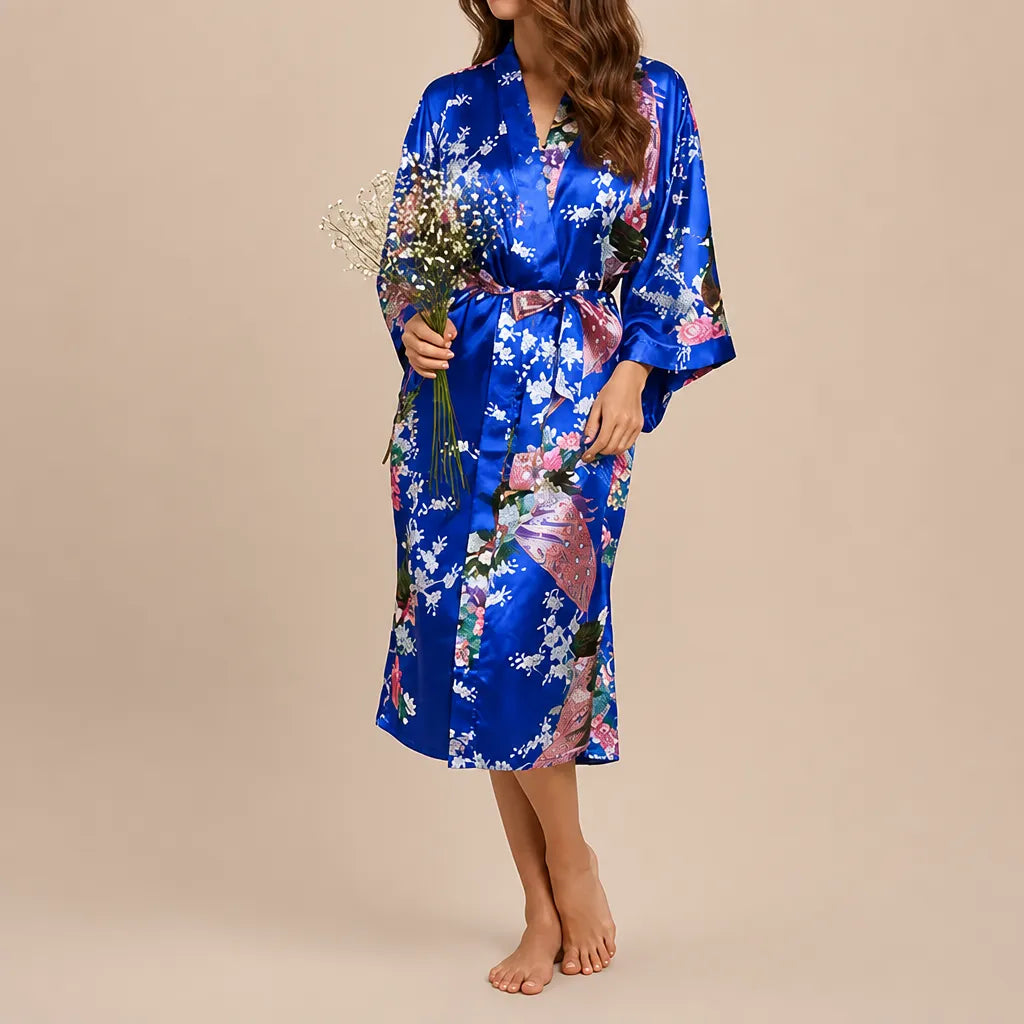 La boutique du peignoir Peignoir Kimono Femme - Court en Satin à Paons, Bleu Roi