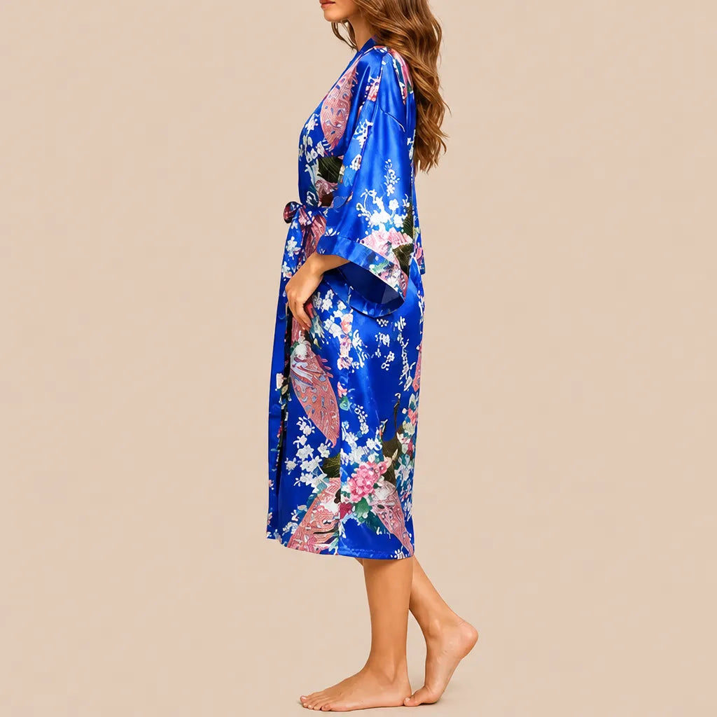 La boutique du peignoir Peignoir Kimono Femme - Court en Satin à Paons, Bleu Roi