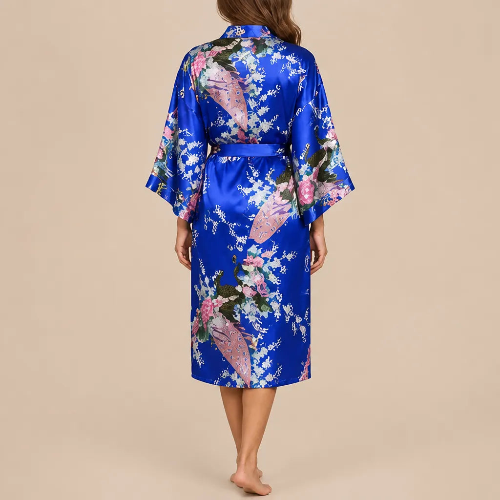 La boutique du peignoir Peignoir Kimono Femme - Court en Satin à Paons, Bleu Roi