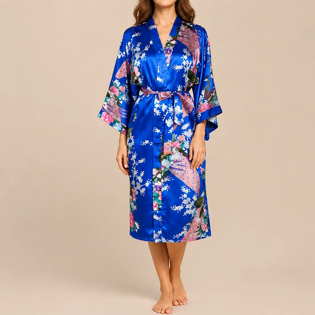 La boutique du peignoir Peignoir Kimono Femme - Court en Satin à Paons, Bleu Roi