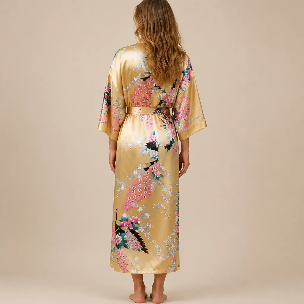 La boutique du peignoir Peignoir Kimono Femme - Court en Satin à Paons, Doré
