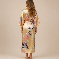 La boutique du peignoir Peignoir Kimono Femme - Court en Satin à Paons, Doré