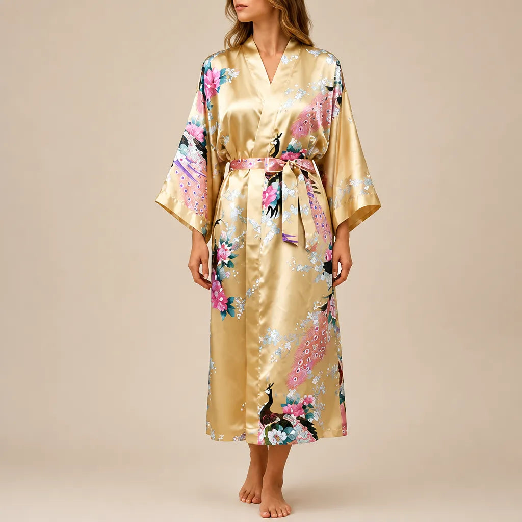 La boutique du peignoir Peignoir Kimono Femme - Court en Satin à Paons, Doré