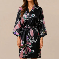 La boutique du peignoir Peignoir Kimono Femme - Court en Satin à Paons, Noir