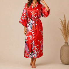 La boutique du peignoir Peignoir Kimono Femme - Court en Satin à Paons, Rouge