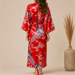 La boutique du peignoir Peignoir Kimono Femme - Court en Satin à Paons, Rouge