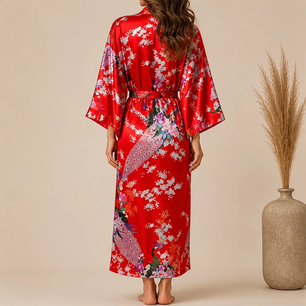 La boutique du peignoir Peignoir Kimono Femme - Court en Satin à Paons, Rouge