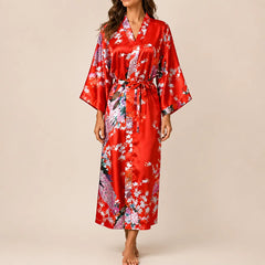 La boutique du peignoir Peignoir Kimono Femme - Court en Satin à Paons, Rouge