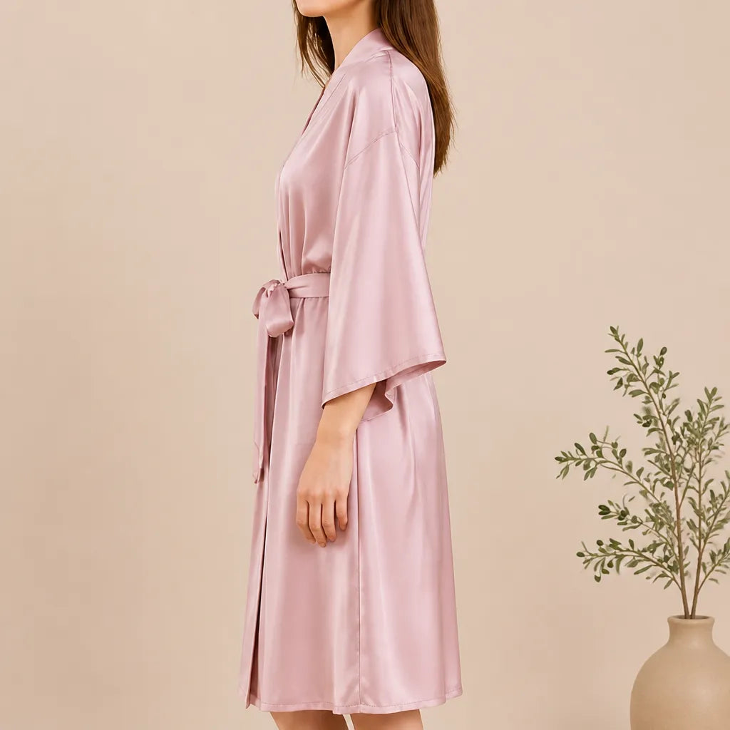 La boutique du peignoir Peignoir Kimono Femme - Court en Satin Uni, Rose Poudré