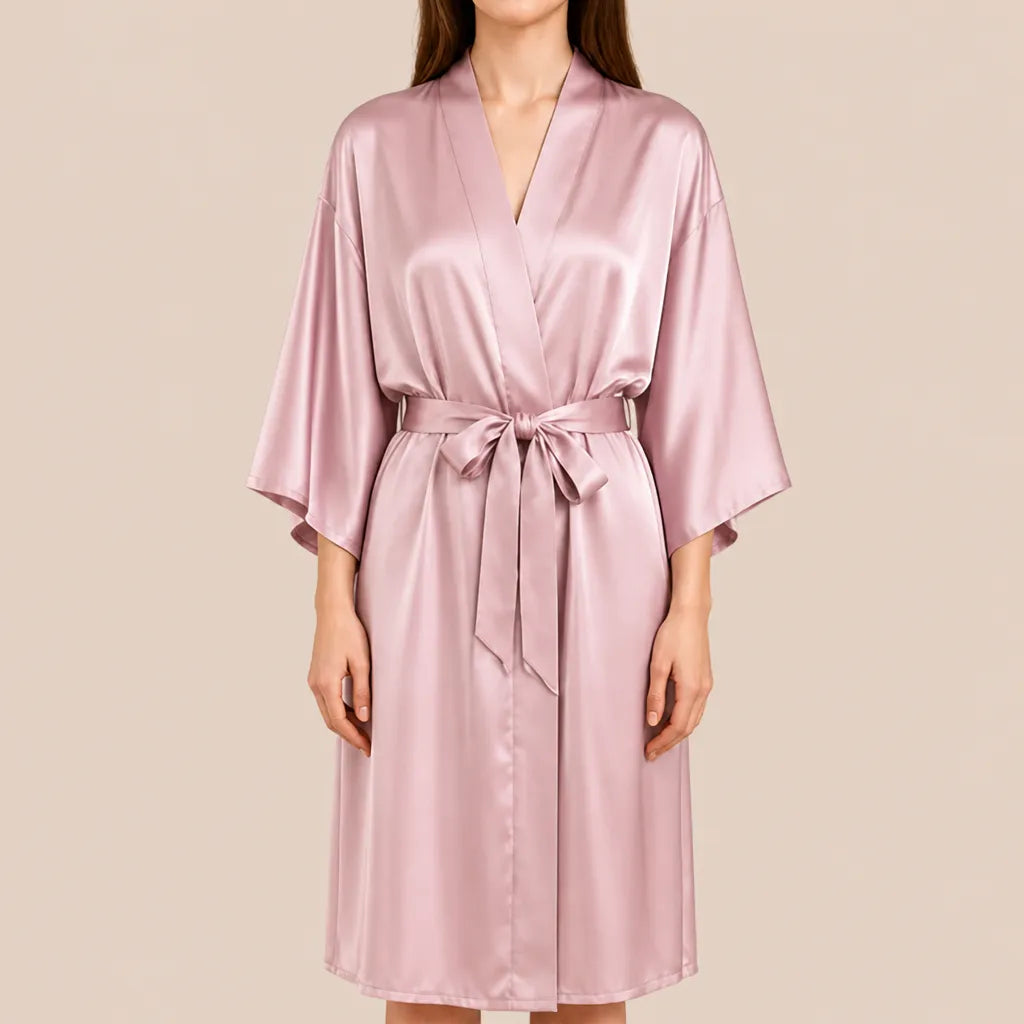 La boutique du peignoir Peignoir Kimono Femme - Court en Satin Uni, Rose Poudré