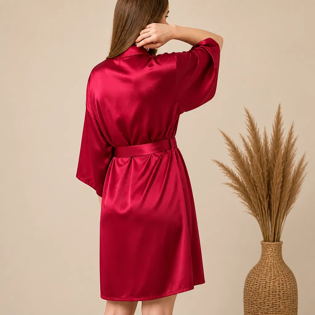 La boutique du peignoir Peignoir Kimono Femme - Court en Satin Uni, Rouge Framboise