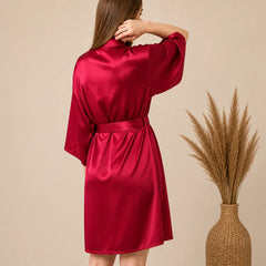 La boutique du peignoir Peignoir Kimono Femme - Court en Satin Uni, Rouge Framboise