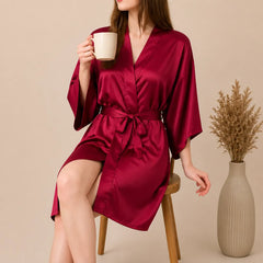 La boutique du peignoir Peignoir Kimono Femme - Court en Satin Uni, Rouge Framboise