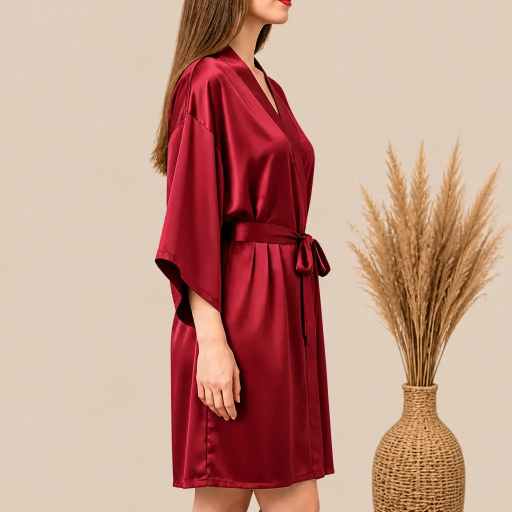 La boutique du peignoir Peignoir Kimono Femme - Court en Satin Uni, Rouge Framboise