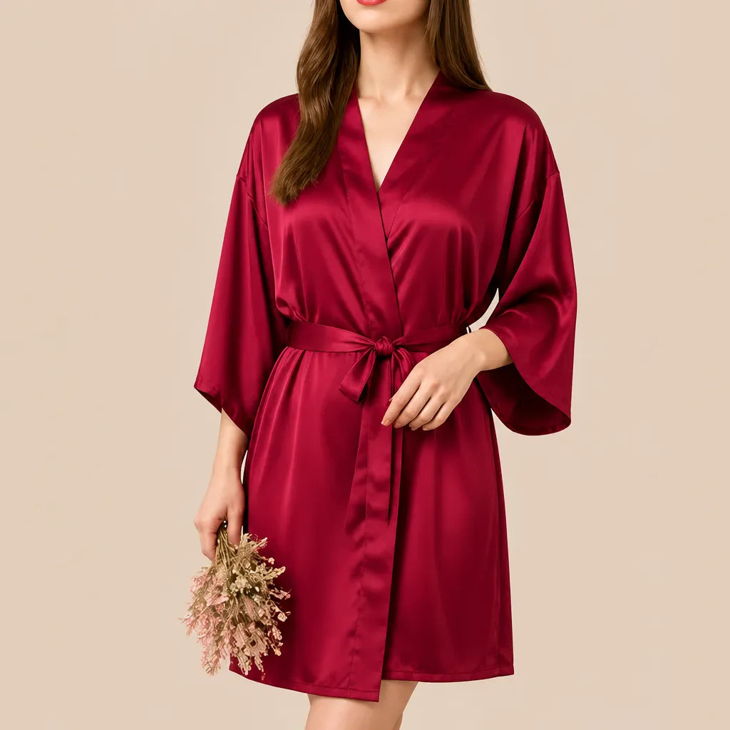 La boutique du peignoir Peignoir Kimono Femme - Court en Satin Uni, Rouge Framboise
