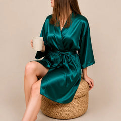 La boutique du peignoir Peignoir Kimono Femme - Court en Satin Uni, Vert Émeraude