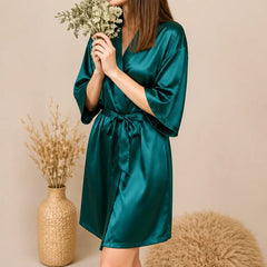 La boutique du peignoir Peignoir Kimono Femme - Court en Satin Uni, Vert Émeraude