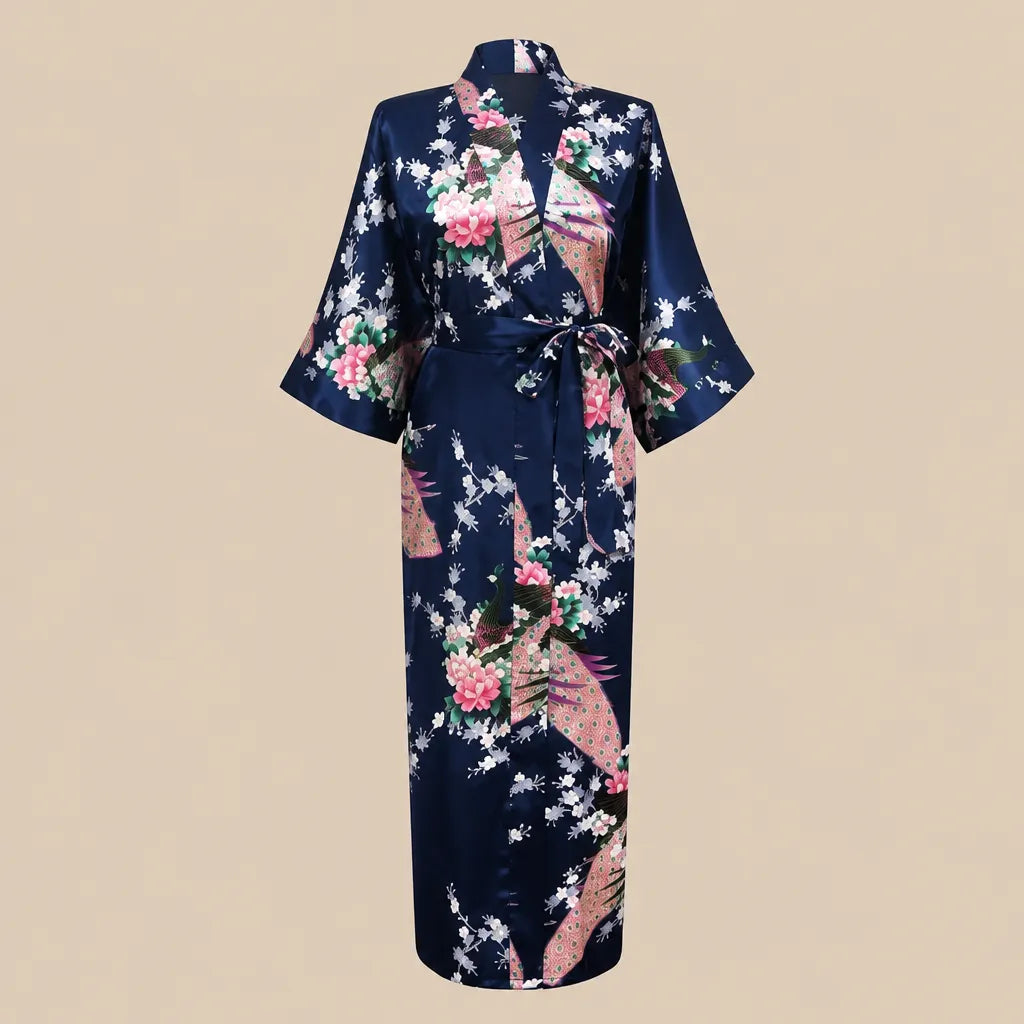 La boutique du peignoir Peignoir Kimono Femme - Long en Satin à Paons, Bleu Marine