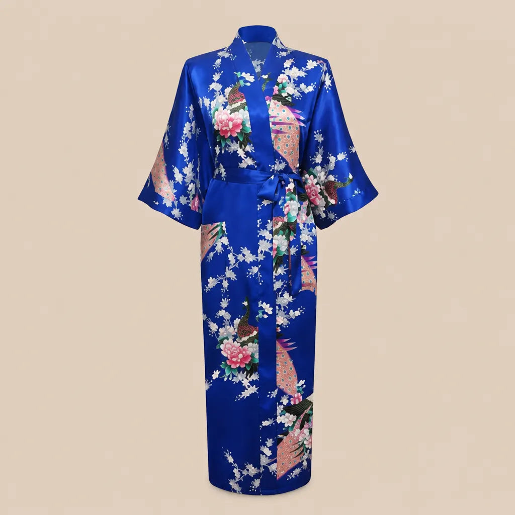 La boutique du peignoir Peignoir Kimono Femme - Long en Satin à Paons, Bleu Roi