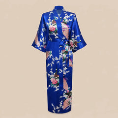 La boutique du peignoir Peignoir Kimono Femme - Long en Satin à Paons, Bleu Roi