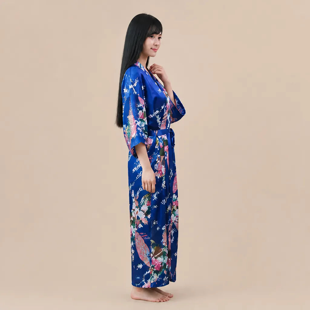 La boutique du peignoir Peignoir Kimono Femme - Long en Satin à Paons, Bleu Roi