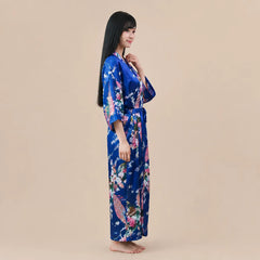 La boutique du peignoir Peignoir Kimono Femme - Long en Satin à Paons, Bleu Roi