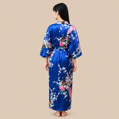La boutique du peignoir Peignoir Kimono Femme - Long en Satin à Paons, Bleu Roi