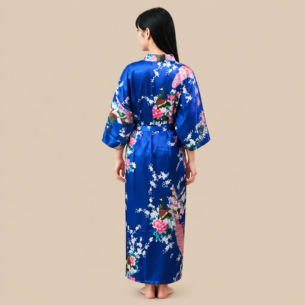 La boutique du peignoir Peignoir Kimono Femme - Long en Satin à Paons, Bleu Roi
