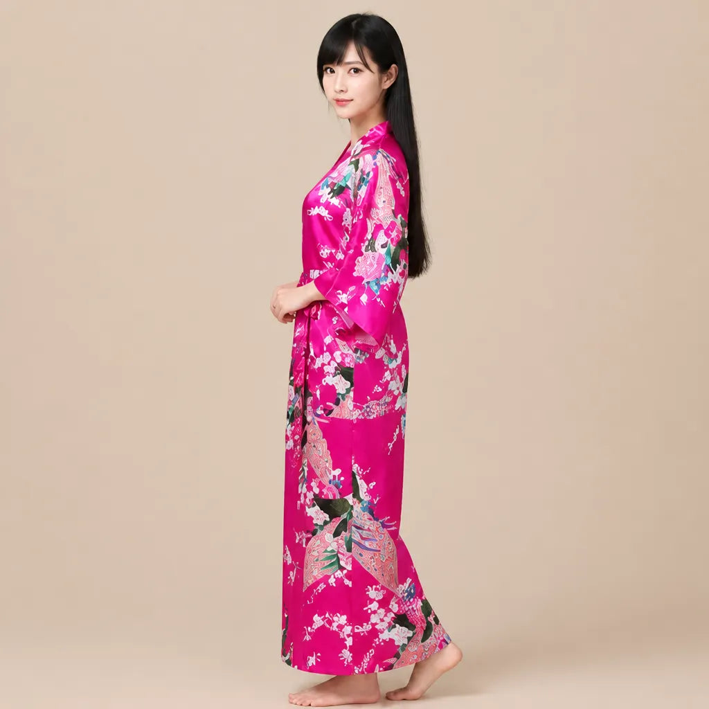 La boutique du peignoir Peignoir Kimono Femme - Long en Satin à Paons, Fuchsia