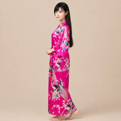La boutique du peignoir Peignoir Kimono Femme - Long en Satin à Paons, Fuchsia