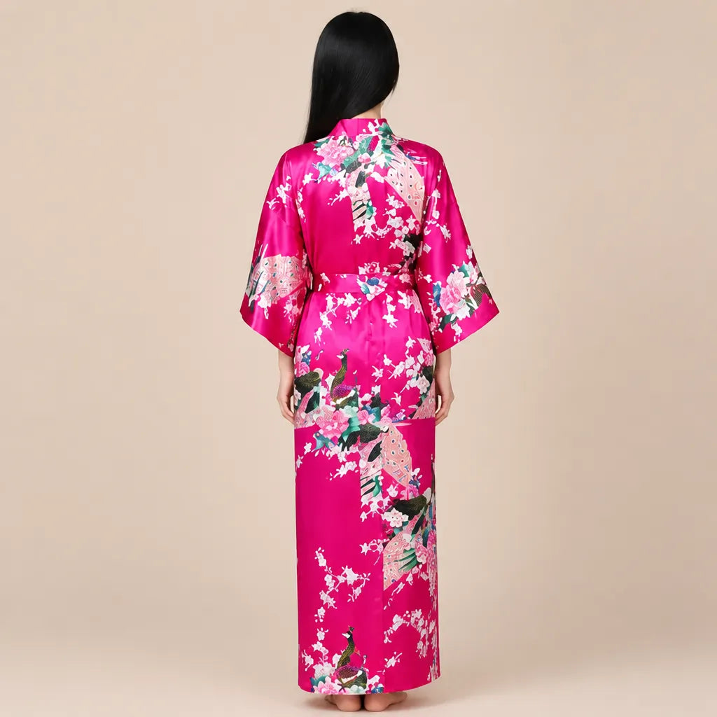 La boutique du peignoir Peignoir Kimono Femme - Long en Satin à Paons, Fuchsia