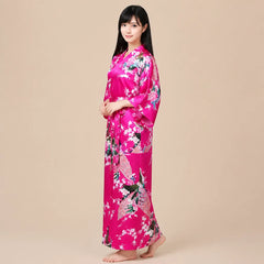 La boutique du peignoir Peignoir Kimono Femme - Long en Satin à Paons, Fuchsia
