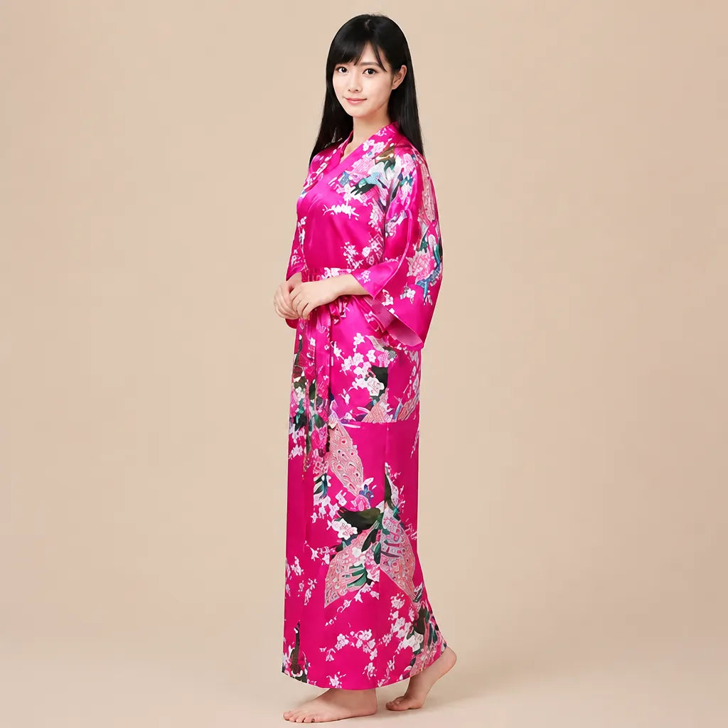 La boutique du peignoir Peignoir Kimono Femme - Long en Satin à Paons, Fuchsia