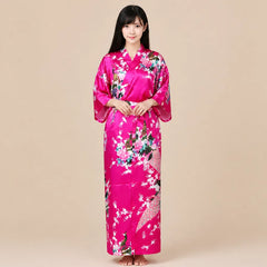 La boutique du peignoir Peignoir Kimono Femme - Long en Satin à Paons, Fuchsia