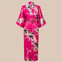 La boutique du peignoir Peignoir Kimono Femme - Long en Satin à Paons, Fuchsia