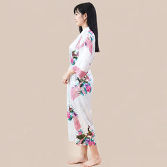 La boutique du peignoir Peignoir Kimono Femme - Long en Satin à Paons, Ivoire