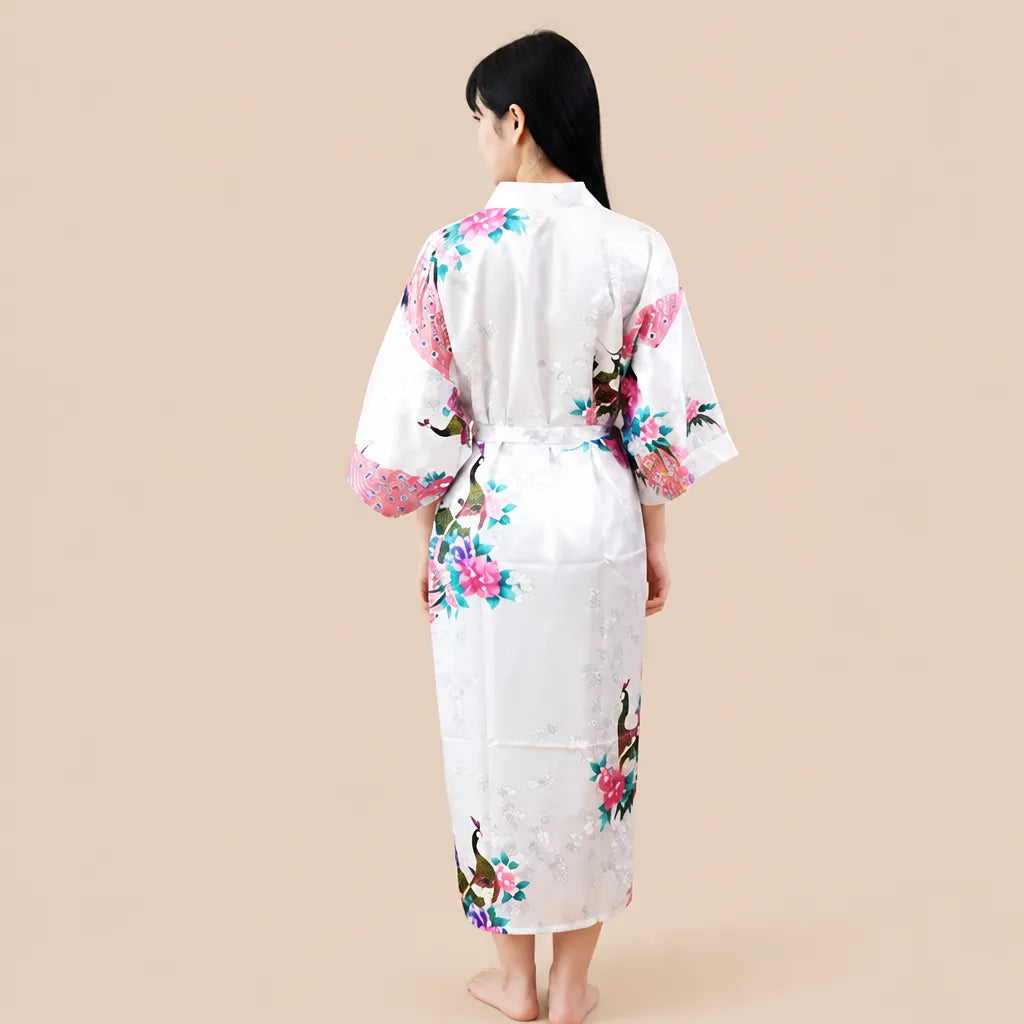 La boutique du peignoir Peignoir Kimono Femme - Long en Satin à Paons, Ivoire