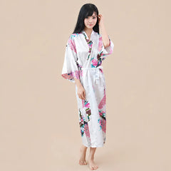 La boutique du peignoir Peignoir Kimono Femme - Long en Satin à Paons, Ivoire